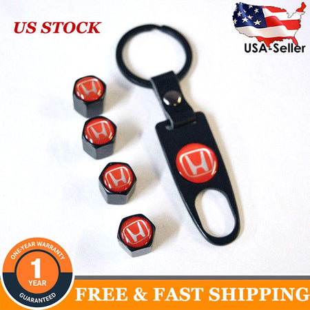 WHEEL TIRE VALVE DUST STEMS AIR CAPS + KEYCHAIN WITH HONDA LOGO EMBLE TTV-H-RED