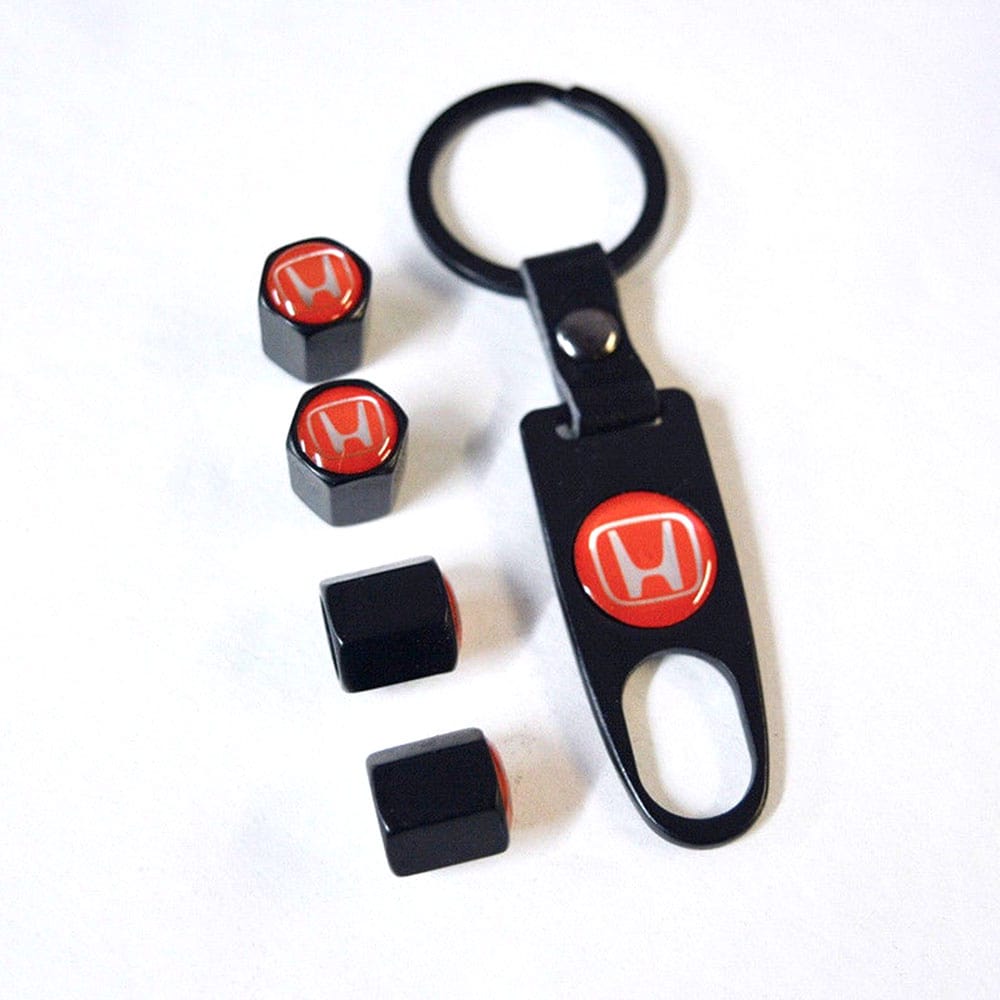 WHEEL TIRE VALVE DUST STEMS AIR CAPS + KEYCHAIN WITH HONDA LOGO EMBLE TTV-H-RED