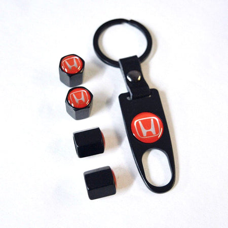 WHEEL TIRE VALVE DUST STEMS AIR CAPS + KEYCHAIN WITH HONDA LOGO EMBLE TTV-H-RED