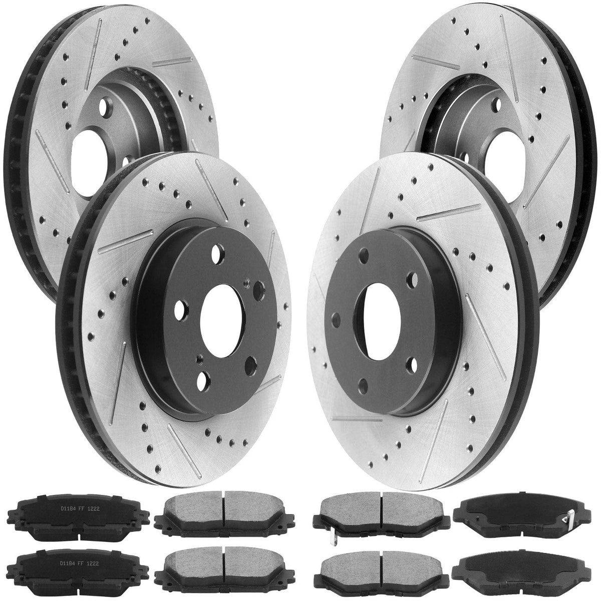Front & Rear Drilled & Slotted Disc Brake Rotors + Ceramic Pads + Cleaner & Fluid Fits for 2011-2016 Lexus CT200h, 2010-2015 Toyota Prius, 2014-2015 Toyota Prius Plug-In