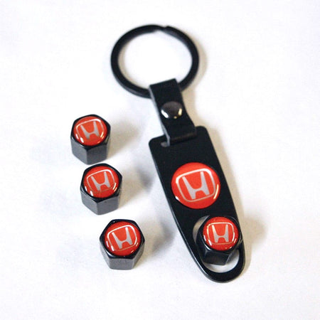 WHEEL TIRE VALVE DUST STEMS AIR CAPS + KEYCHAIN WITH HONDA LOGO EMBLE TTV-H-RED