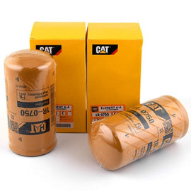 Two CAT 1R-0750 engine oil filters with yellow packaging, shown in front and side views.