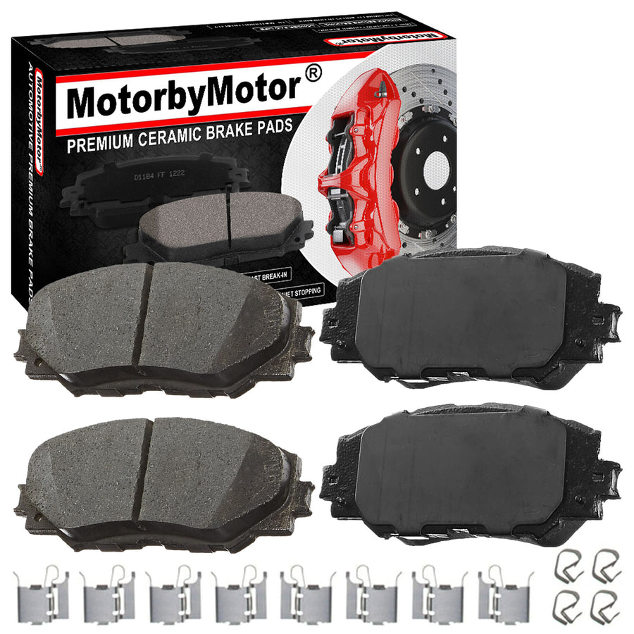 MotorbyMotor 4PC Front Ceramic Brake Pads with Hardware Kits, Lexus HS250H, Pontiac Vibe, Scion XB XD, Toyota Corolla Matrix Prius V Rav4 Low Dust Brake Pad