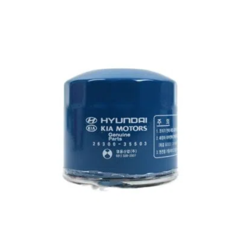 Genuine Hyundai and Kia oil filter 26300-35503, displayed with blue casing.