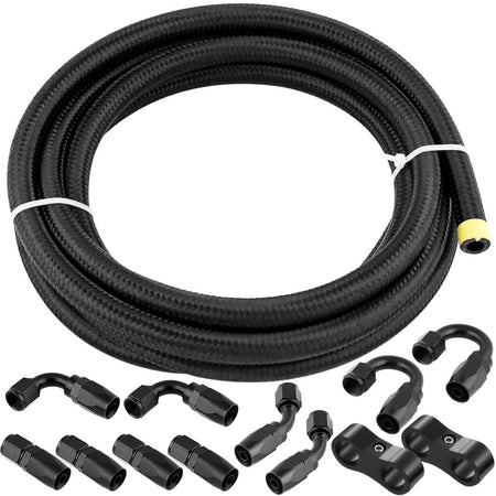 6AN PTFE Fuel Line Hose Kit 5/16" Nylon Braided 20FT Fuel Hose Fitting Kit Black 13PCS