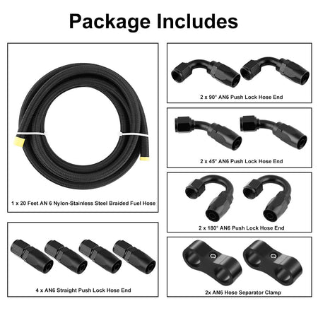6AN PTFE Fuel Line Hose Kit 5/16" Nylon Braided 20FT Fuel Hose Fitting Kit Black 13PCS