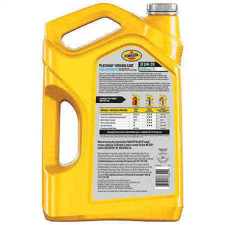 Pennzoil Platinum High Mileage 0W-20 Full Synthetic Motor Oil, 5 Quart
