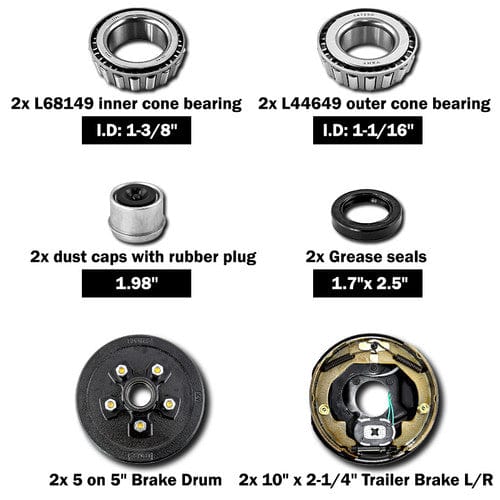 5 on 5 Trailer Hub Drum Kits with 10"X2-1/4" Electric brakes for 3500 lbs axle