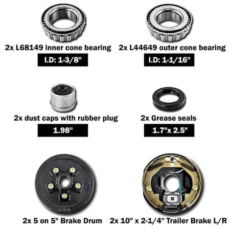 5 on 5 Trailer Hub Drum Kits with 10"X2-1/4" Electric brakes for 3500 lbs axle