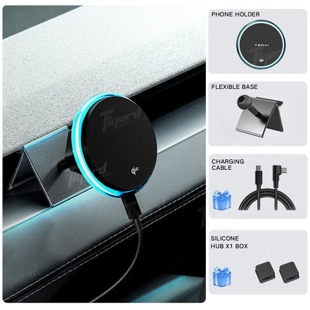 Model 3 & Y 15W Fast Wireless Charging Magnetic Car Phone Holder with Halo Ambient Light for Model 3 Highland/ Y Juniper