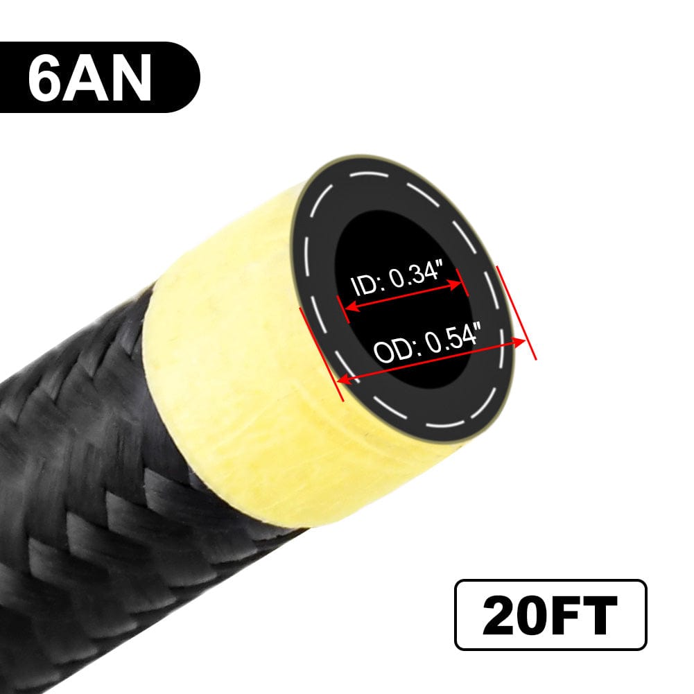 6AN Fuel Line, AN6 Braided Fuel Hose Nylon CPE 20FT Black