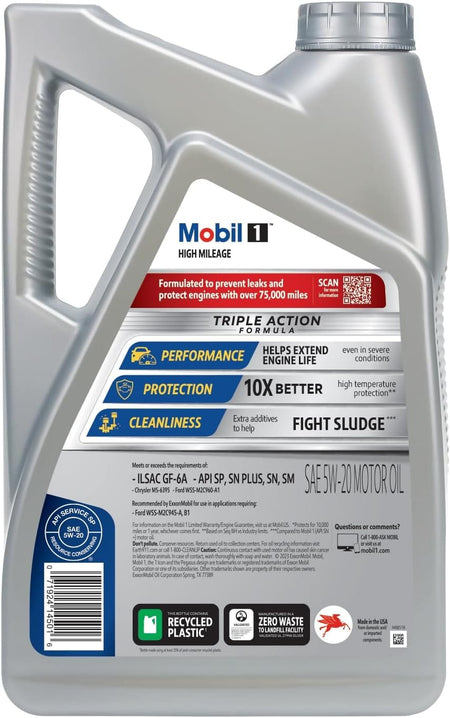 Mobil 1 High Mileage Full Synthetic Motor Oil 5W-20, 5 Quart