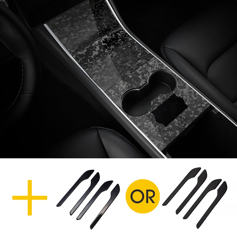 Real Carbon Fiber Center Console Cover + Door Handles For Model 3 & Y