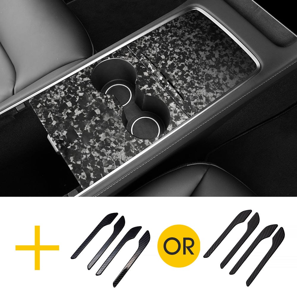 Real Carbon Fiber Center Console Cover + Door Handles For Model 3 & Y