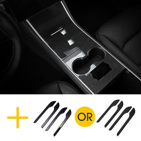 Real Carbon Fiber Center Console Cover + Door Handles For Model 3 & Y