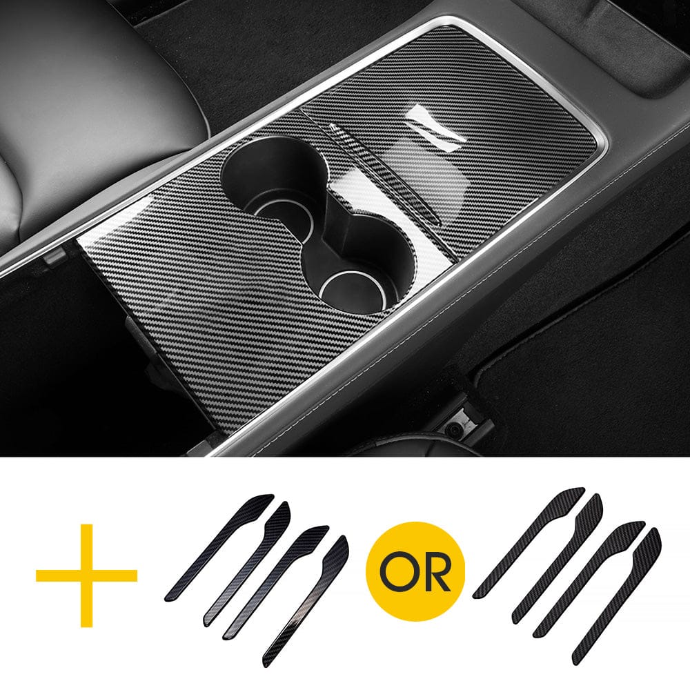 Real Carbon Fiber Center Console Cover + Door Handles For Model 3 & Y