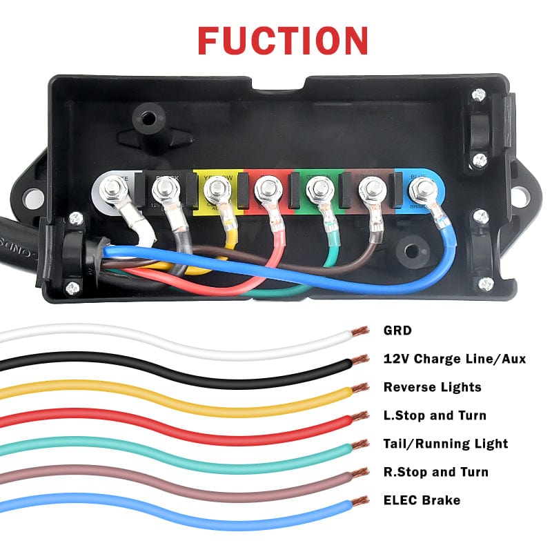 Heavy Duty 7 Way Plug Inline Trailer Cord with 7 Gang Junction Box - 8 Feet