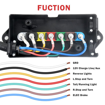 Heavy Duty 7 Way Plug Inline Trailer Cord with 7 Gang Junction Box - 8 Feet