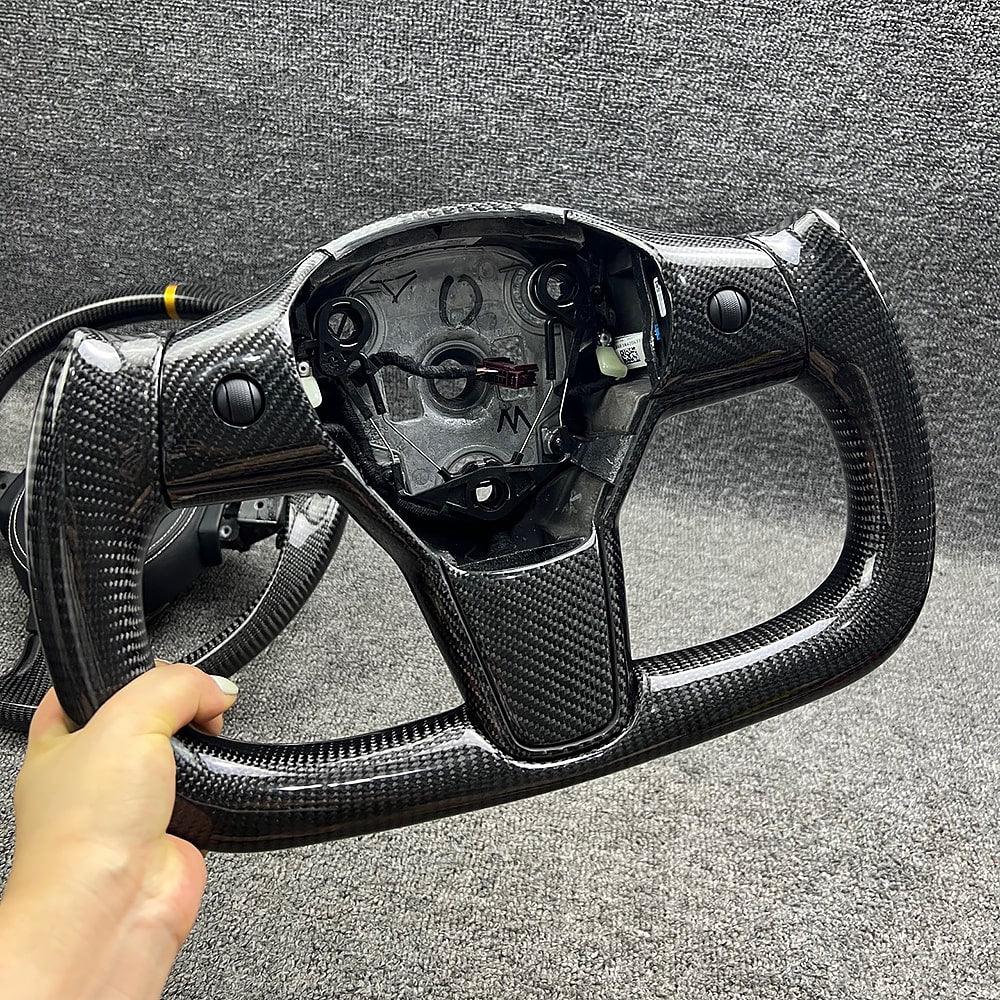 Modified Model 3 & Y Yoke Style Full Real Carbon Fiber Heated Steering Wheel