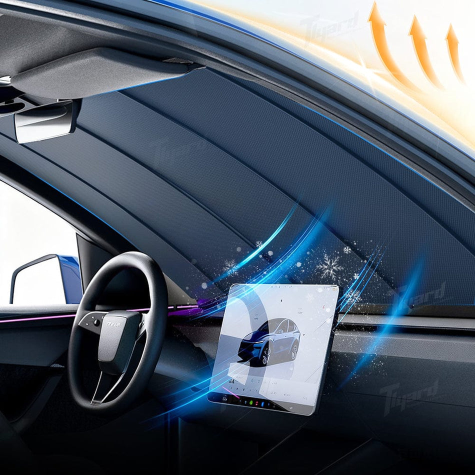 Electric Windshield Sunshade for Model Y/Y Juniper & Model 3/3 Highland Auto-Retractable One-Touch Control Smart Sunshade | Tlyard