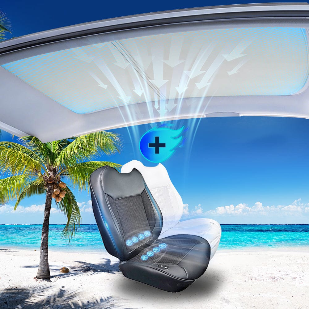 Tesla Model 3/Y Summer Combo: Electrostatic Sunshade + Cool Ventilated Seat Covers – Beat the Heat!