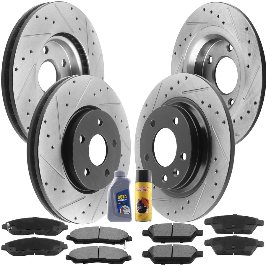 Front & Rear Drilled & Slotted Disc Brake Rotors + Ceramic Pads + Cleaner & Fluid Fits for 2011-2013 Chevy Impala, 2014-2016 Chevy Impala Limited