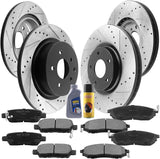 Front & Rear Drilled & Slotted Disc Brake Rotors + Ceramic Pads + Cleaner & Fluid Fits for Nissan EX35 EX37 G25 G35 G37 M35 M45 Q40 QX50 350Z 370Z Maxima