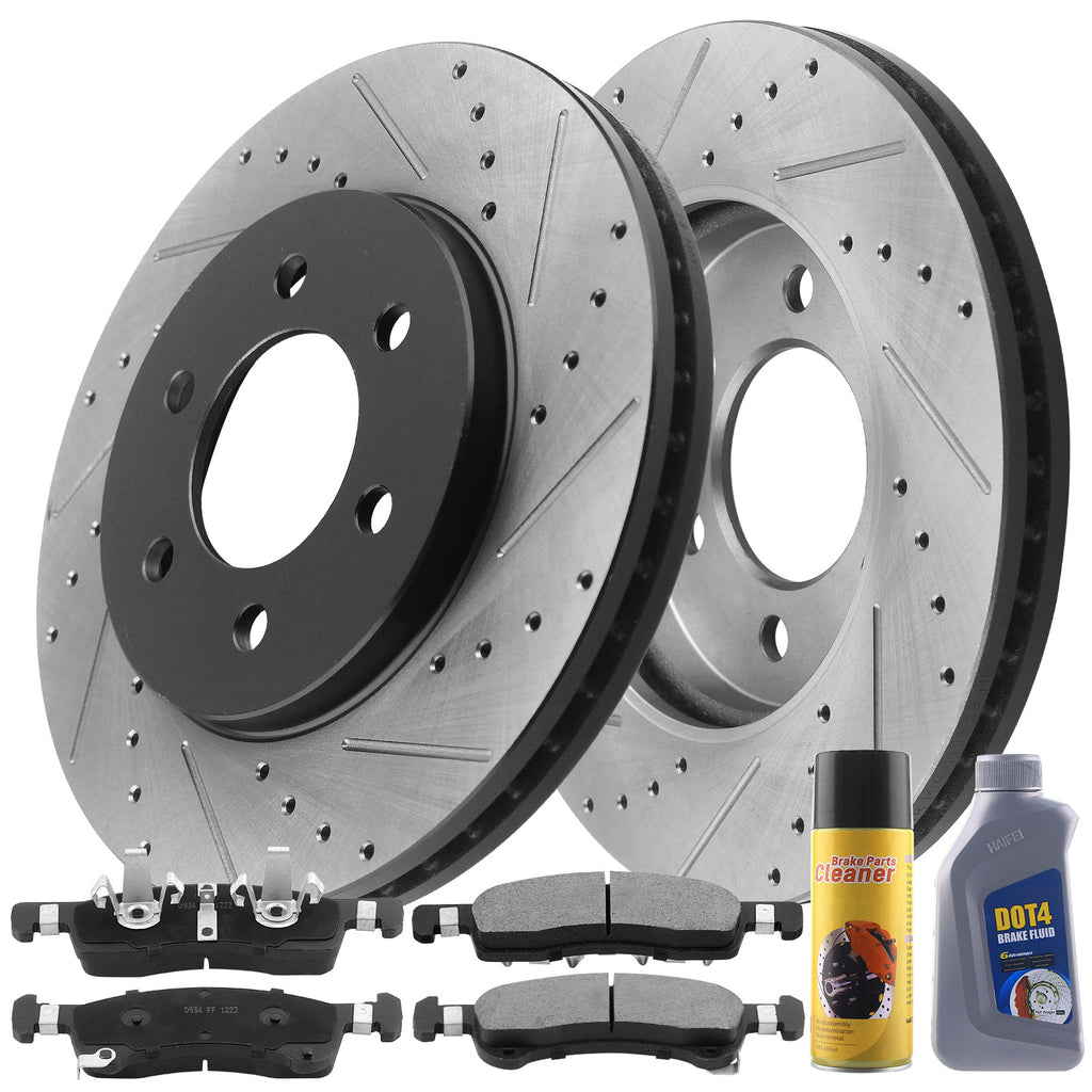 Front Drilled & Slotted Brake Rotors + Ceramic Brake Pads +Cleaner + Fluid  Fit Ford Expedition Ford Navigator AWD 6 Lugs-55099