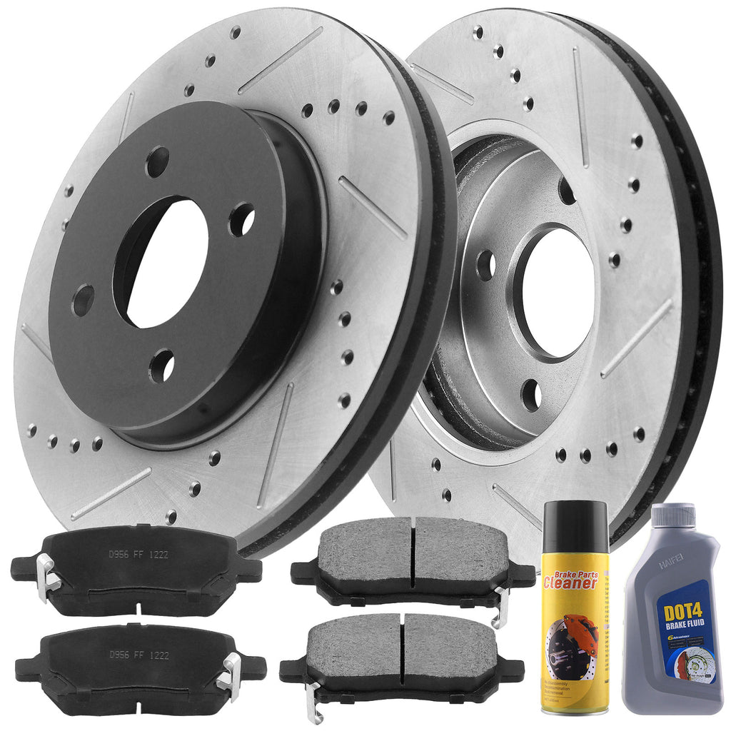 Front Drilled & Slotted Brake Rotors & Ceramic Brake Pads w/Cleaner & Fluid Fit Chevy Cobalt, Pontiac G5, Saturn Ion 4 Lugs