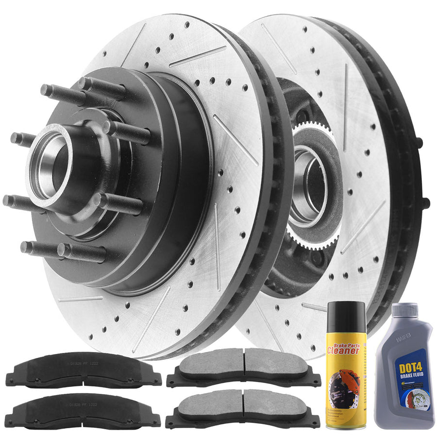 Front Drilled & Slotted Disc Brake Rotors + Ceramic Pads + Cleaner & Fluid Fits for 2008-2014 Ford E-150, 2008-2014 Ford E-250, 2008-2019 Ford E-350