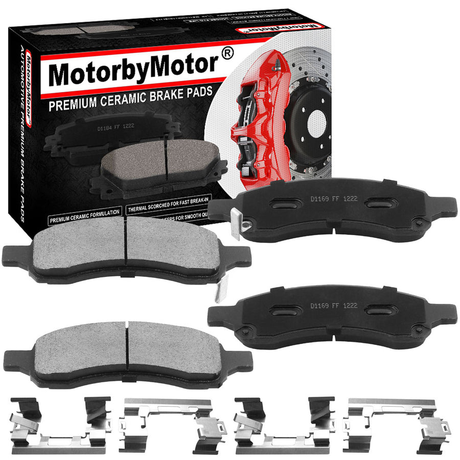 Front Ceramic Brake Pads w/Hardware Kits Fits for Buick Enclave Rainier, Chevrolet Colorado SSR Trailblazer EXT Traverse, GMC Acadia Canyon Envoy XL, Isuzu Ascender, SAAB 9-7X, Saturn Outlook-4 PC