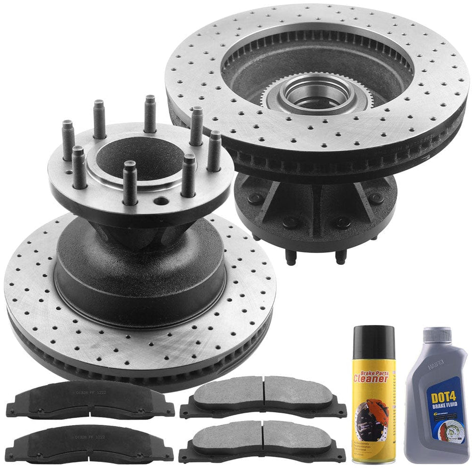 MotorbyMotor Front Brake Rotors & Brake Pad Kit 345mm Drilled & Slotted Design Including CLEANER DOT4 FLUID Fits for Ford E-350 Super Duty, Ford E-450 Super Duty (Dual Rear Wheel Models)