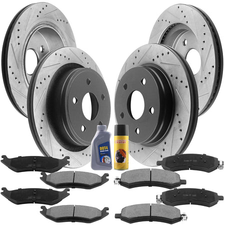 Front & Rear Drilled and Slotted Disc Brake Rotors w/Ceramic Brake Pads w/Cleaner & Fluid for Chrysler Aspen, Dodge Durango Ram 1500-5 Lugs 2WD or 4WD