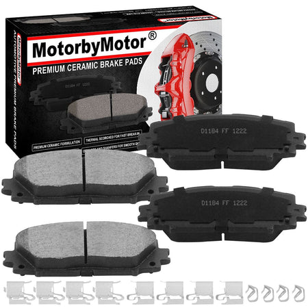 Front Ceramic Brake Pads w/Hardware Kits Fits for Lexus CT200H, Scion iQ, Toyota Prius Plug-IN Prime Yaris (All Models)-Low Dust Brake Pad-4 Pack