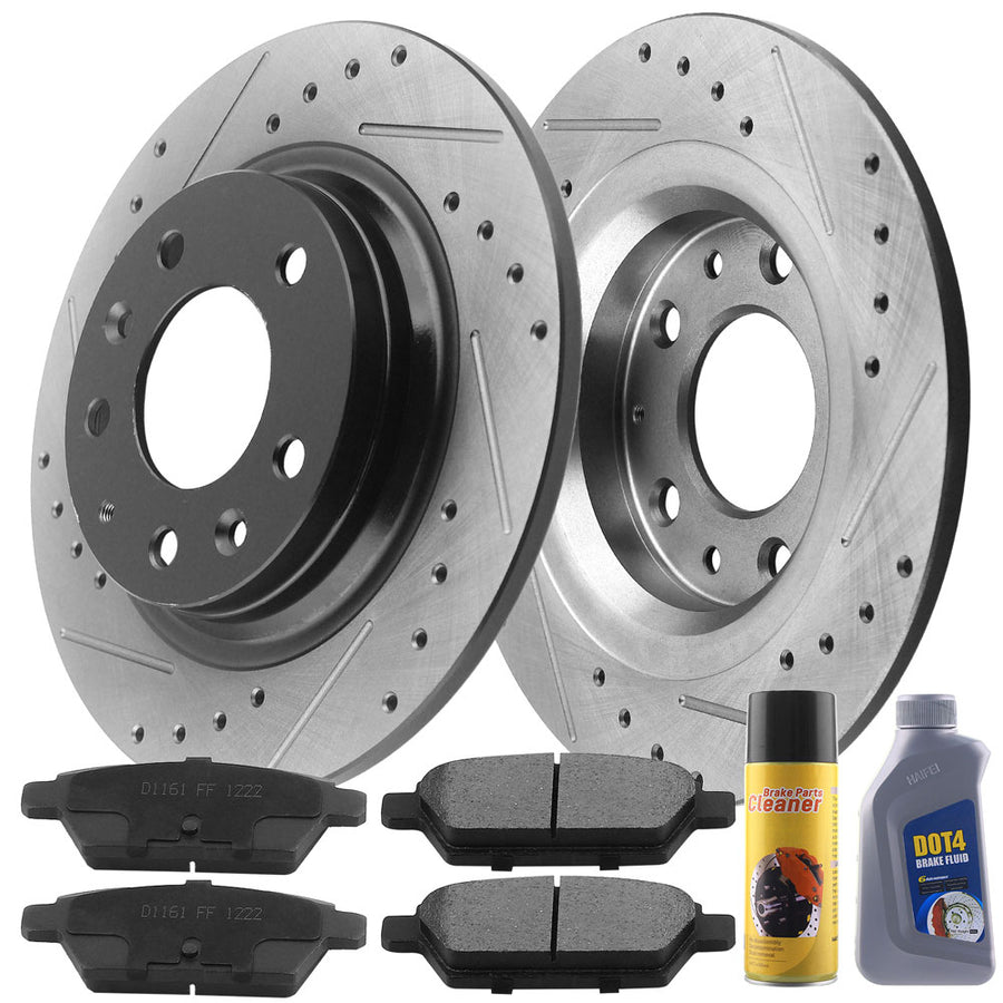 MotorbyMotor Rear Brake Rotors & Brake Pad Kit 280mm Drilled & Slotted Design Including CLEANER DOT4 FLUID Fits for Ford Fusion, Lincoln MKZ Zephyr, Mazda 6, Mercury Milan