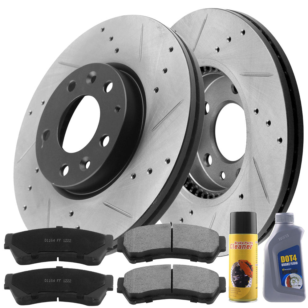 Front Drilled Slotted Disc Brake Rotors & Ceramic Brake Pads & Cleaner & Fluid Fit Ford Fusion, Lincoln MKZ, Mazda 6 (NO MazdaSpeed),  Mercury Milan