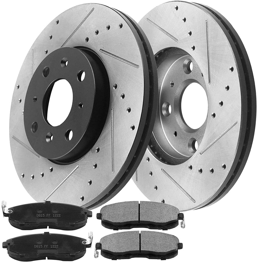 Front Drilled & Slotted Disc Brake Rotors + Ceramic Pads + Cleaner & Fluid Fits for 2009-2014 Nissan Cube, 2007-2012 Nissan Sentra, 2007-2008 Nissan Versa