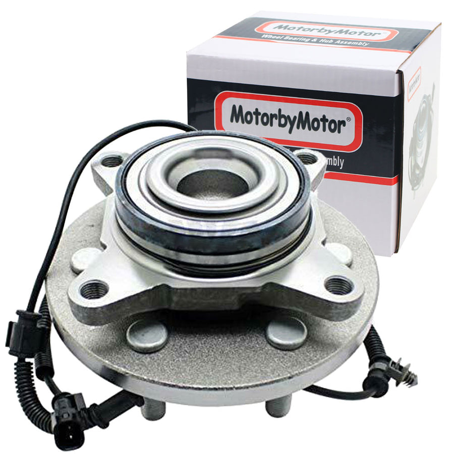 A MotorbyMotor wheel bearing and hub assembly with attached cables, shown in front of its branded packaging box.