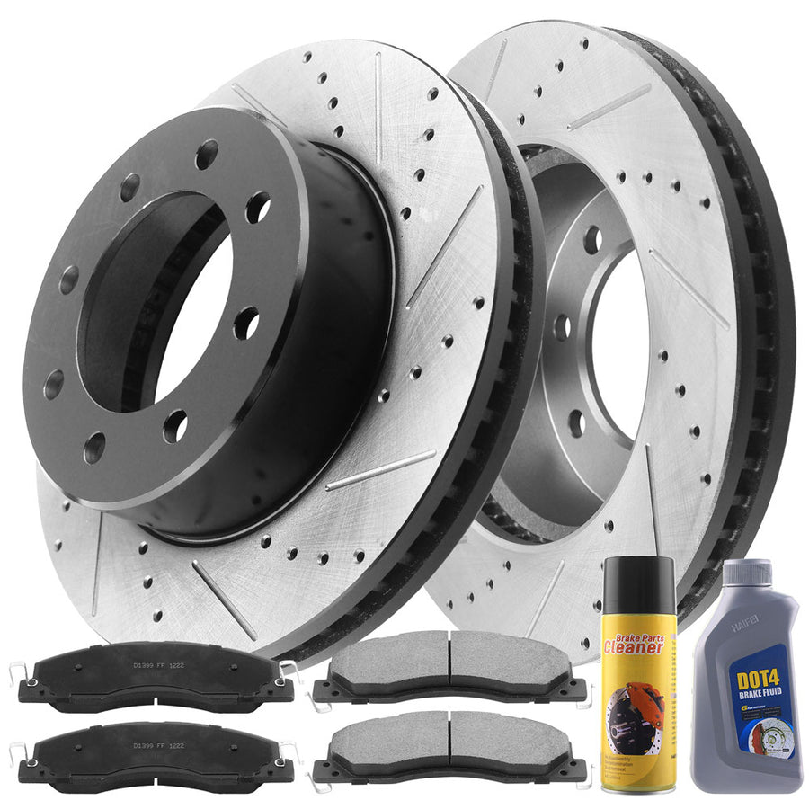 Front Drilled & Slotted Disc Brake Rotors + Ceramic Pads + Cleaner & Fluid Fits for 2009-2010 Dodge Ram 2500 3500 Pickup, 2009 Dodge Ram 4000, 11-19 Ram 2500,11-20 Ram 3500, 14-15 Ram 4000