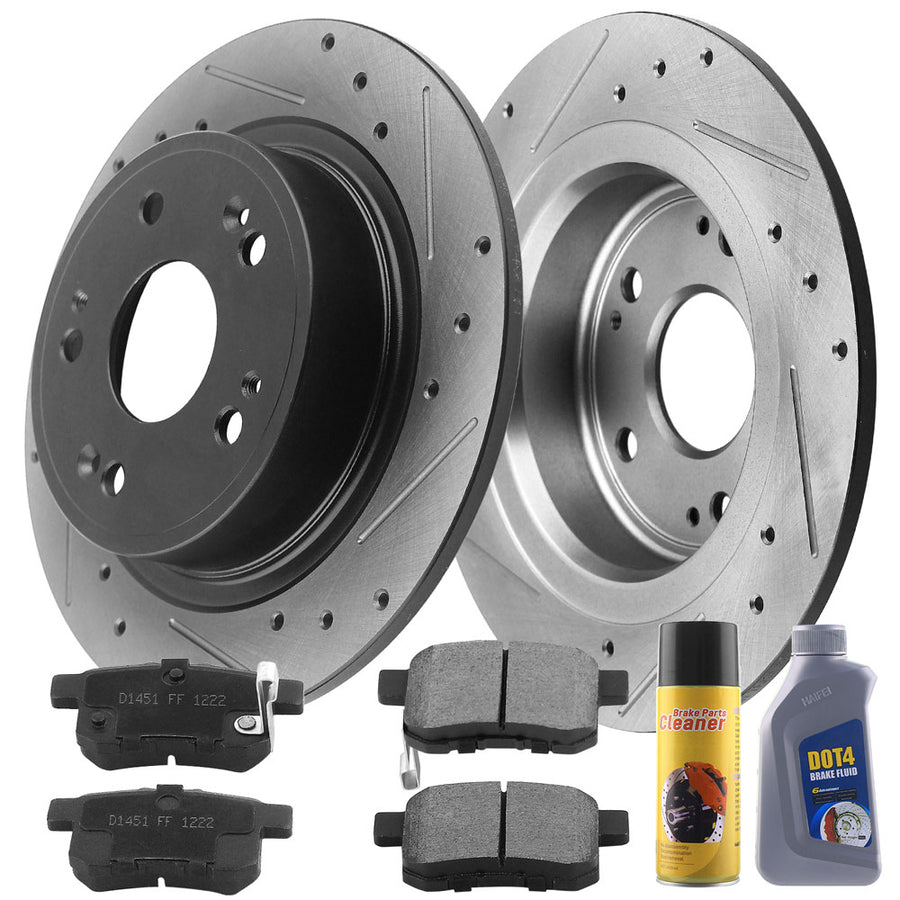 MotorbyMotor Rear Brake Rotors & Brake Pad Kit 281.6mm Drilled & Slotted Design Including CLEANER DOT4 FLUID Fits for Acura TSX, Honda Accord
