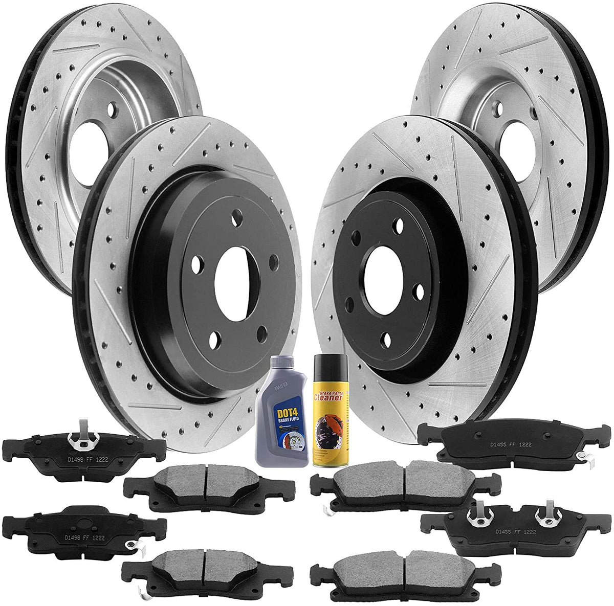 MotorbyMotor 350mm Front & Rear Drilled & Slotted Disc Brake Rotors + Ceramic Pads + Cleaner & Fluid 2011-2019 Dodge Druango (V8 5.7L), 2011 - 2019 Jeep Grand Cherokee (Excluding SRT Models)