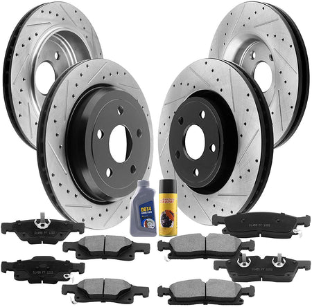 MotorbyMotor 350mm Front & Rear Drilled & Slotted Disc Brake Rotors + Ceramic Pads + Cleaner & Fluid 2011-2019 Dodge Druango (V8 5.7L), 2011 - 2019 Jeep Grand Cherokee (Excluding SRT Models)