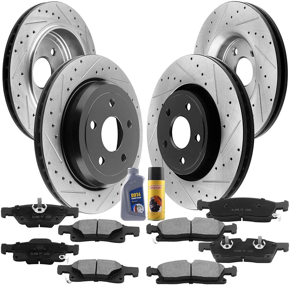 MotorbyMotor 350mm Front & Rear Drilled & Slotted Disc Brake Rotors + Ceramic Pads + Cleaner & Fluid 2011-2019 Dodge Druango (V8 5.7L), 2011 - 2019 Jeep Grand Cherokee (Excluding SRT Models)