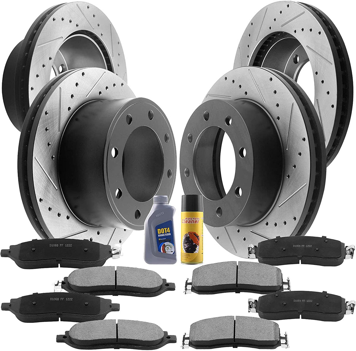 Front & Rear Drilled & Slotted Disc Brake Rotors + Ceramic Pads + Cleaner & Fluid Fits for 2005-2012 Ford F-250 Super Duty, 2005-2012 Ford F-350 Super Duty