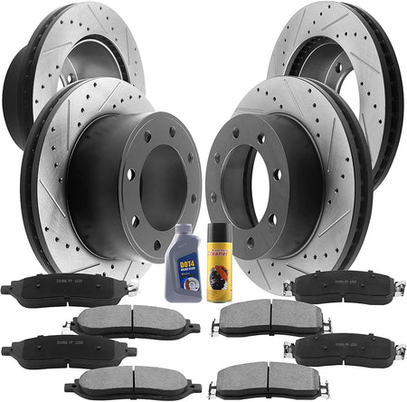 Front & Rear Drilled & Slotted Disc Brake Rotors + Ceramic Pads + Cleaner & Fluid Fits for 2005-2012 Ford F-250 Super Duty, 2005-2012 Ford F-350 Super Duty