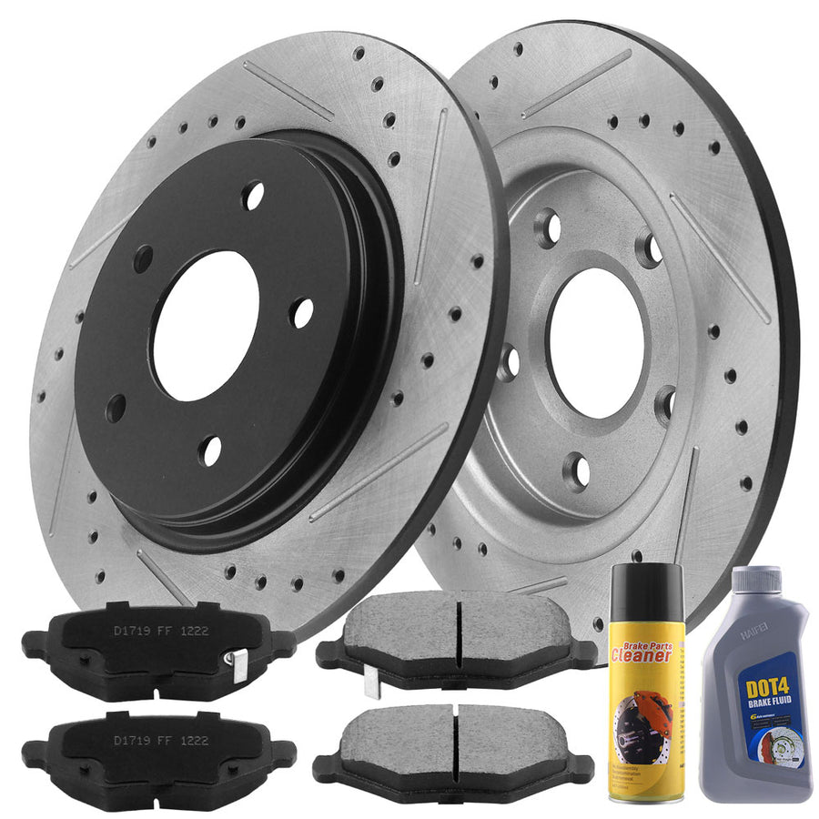 MotorbyMotor Rear Brake Rotors & Brake Pad Kit 305mm Drilled & Slotted Design Including CLEANER DOT4 FLUID Fits for Chrysler Town & Country, Dodge Grand Caravan Journey, Ram C/V, Volkswagen Routan