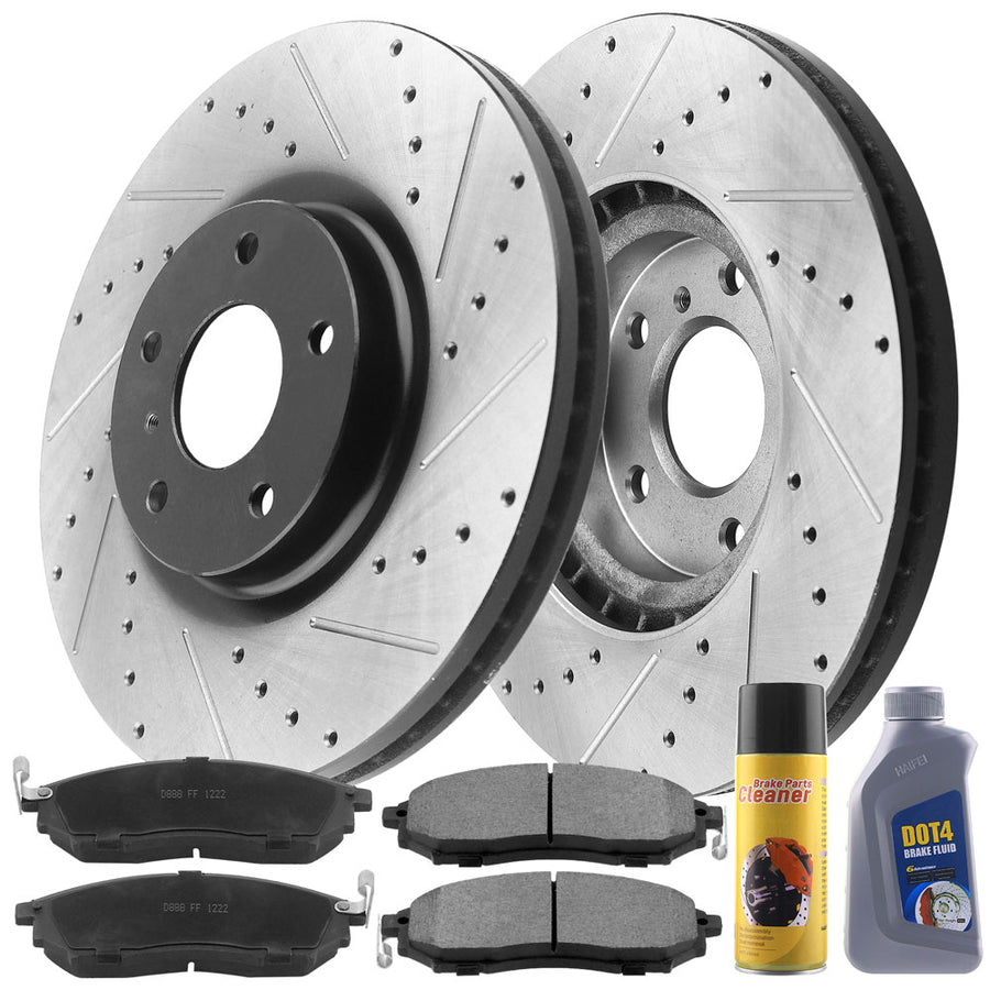 MotorbyMotor Front Brake Rotors & Brake Pad Kit 320mm Drilled & Slotted Design Including CLEANER DOT4 FLUID Fits for Infiniti G35 M35 M45 EX35 EX37 G25 G37 QX50, Nissan 350Z 370Z