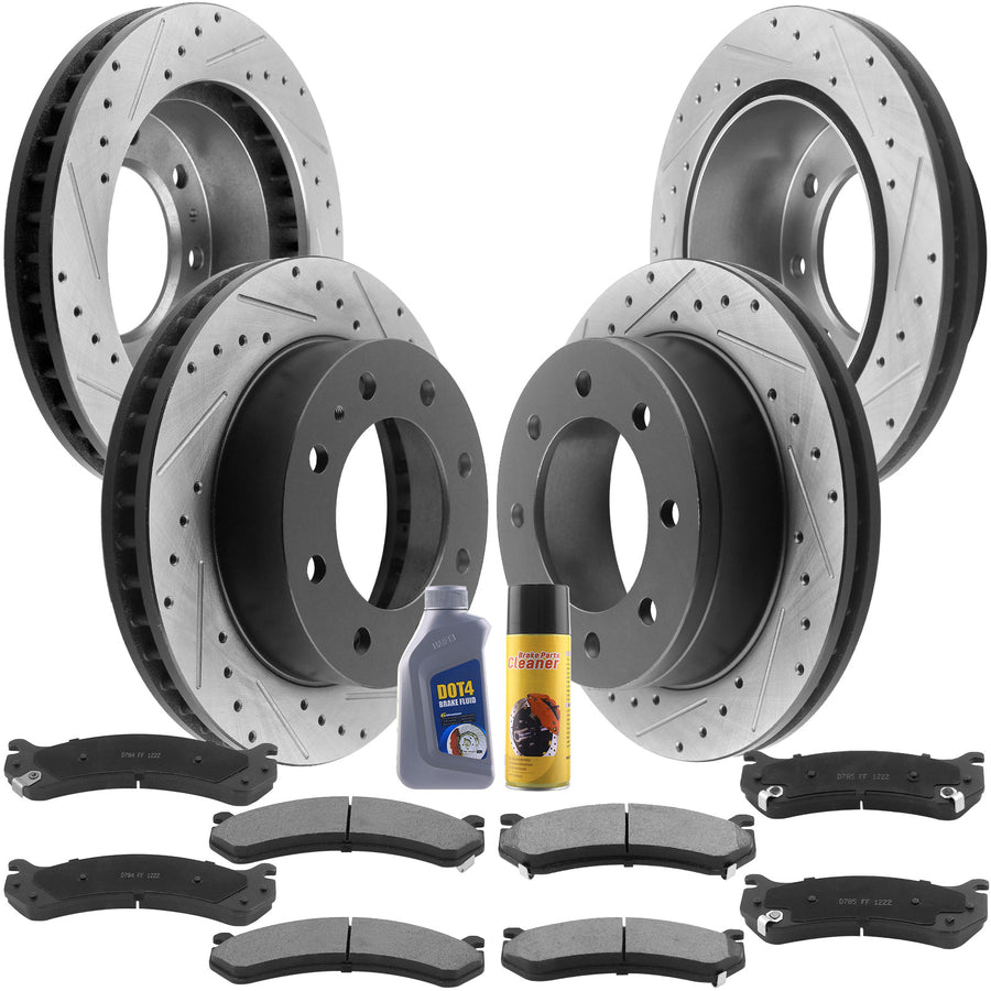 Front & Rear Disc Brake Rotors + Ceramic Brake Pads + Cleaner & Fluid for Chevy Avalanche Silverado 2500 3500, GMC Sierra 2500 3500, 8 Lugs-55055 55072