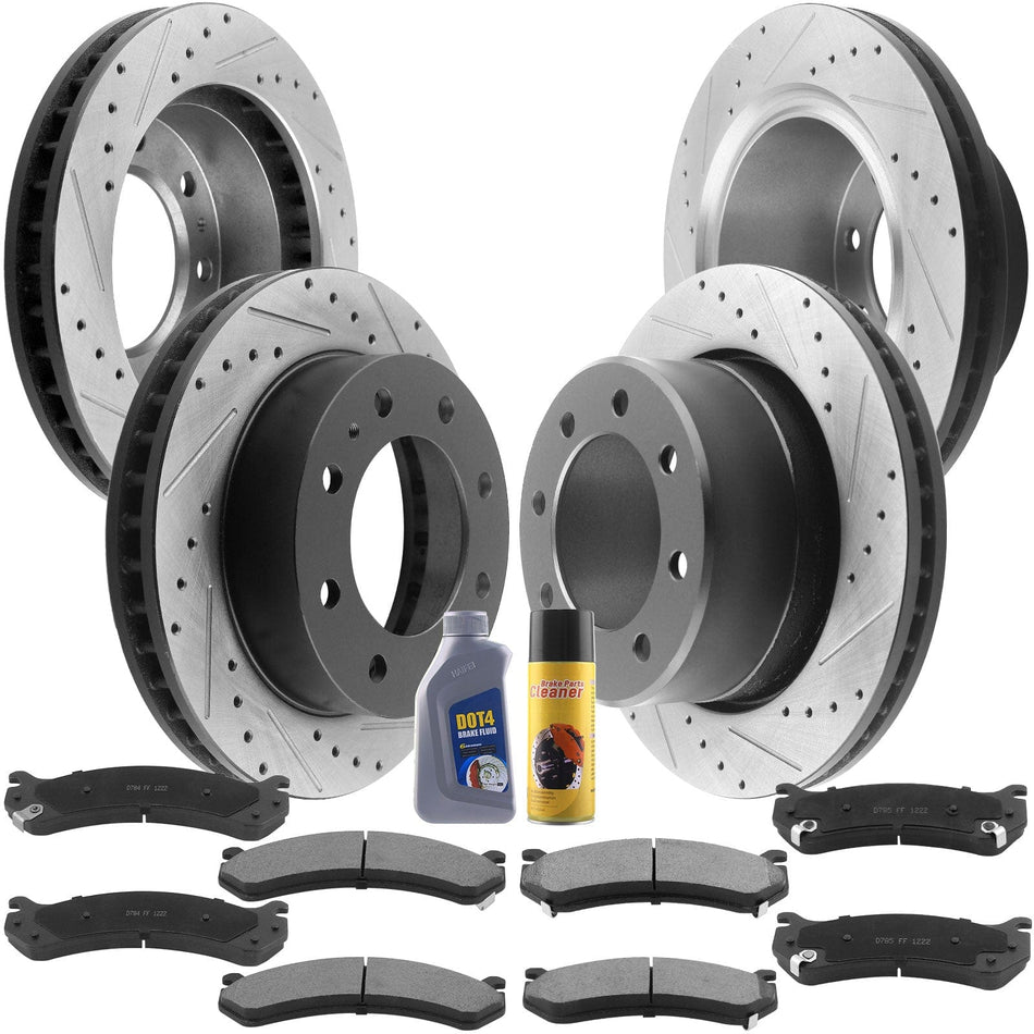 Front/Rear  Brake Rotors + Ceramic Pads + Brake Cleaner Fluid for Chevy Silverado 1500 2500, GMC Sierra 1500 2500 Yukon XL -8 Lugs