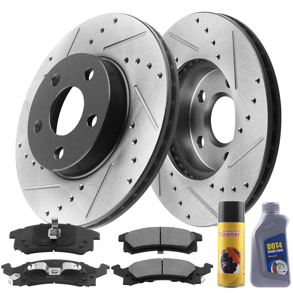 Front Brake Rotors & Pads + Cleaner & Fluid Fit Buick Skylark, Chevy Beretta Cavalier Corsica, Oldsmobile Achieva Cutlass Calais
